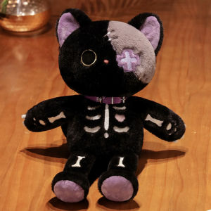 35cm Kawaii Black Serie Skeleton Cat Soft Plush Toy Creative Stuffed Animal Fluffly Gothic Skull Kitten for Kids Halloween Gifts
