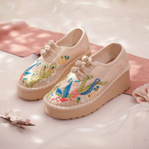 New Chinese Style Embroidered Shoes Thick Bottom Heightening Phoenix Pattern Cotton Womens Shoes Ethnic Style Yunnan