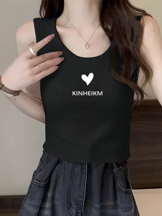Áo Ba Lỗ Cotton Màu Đen in Hình Trái Tim Đơn Giản Thời Trang Mùa Hè ...
