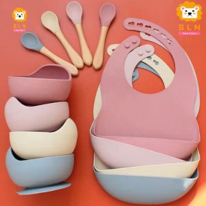 【COD】3Pcs Set Baby Silicone Food Grade Feeding Suction Bowl Silicone Bibs Spoon for Kids Toddlers Self Learning Baby Silicone Food Grade Set