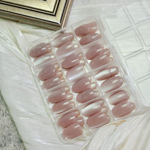 144Pcs/Box Nude Pink Cats Eye Press On Nails Glossy Short Round Head Fake Nail Detachable Full Cover False Nailtip DIY Manicure