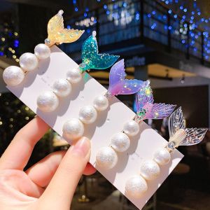 Women Girls Cute Pearls Fish Tail Barrettes Rhinestone Mermaid Tail Fashion Hair Clips Ornament Hairpins Bangs Clip Headband Hair Ties Hair Accessories