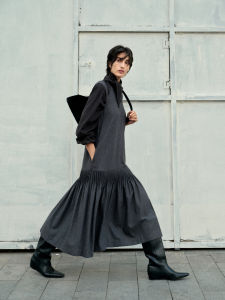 epoque de rueen | Handmade Tuck Pleated Color Blended V-neck Sleeveless A-line Slimming Dress Winter