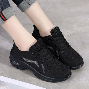 Black Womens Sports Shoes Breathable Mesh Soft Bottom Large Size Air Cushion Square Dance Shoes Spring Season Fashion Casual