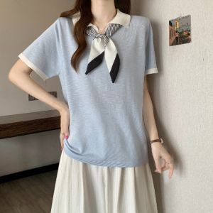 AIYITI | Contrast Color Collar Silk Scarf T-Shirt Womens Summer Ice Silk Knit