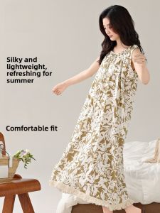 MiiOW | Cool Feeling Round Neck Sleeveless Womens Nightgown Long Dress Style Sleepwear Comfortable Breathable Floral Print Chemise