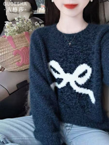 Soft Long Sleeve round Neck Knitted Sweater for Women Deep Grey with Butterfly Knot Commute Style Autumn New Arrival Outerwear