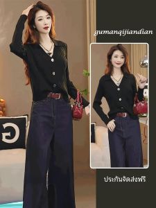 ทันสมัย สไตล์สปอร์ต เดนิม กางเกงยีนส์ สีดำ ถักแขนยาวบางติดกระดุม เสื้อท่อนบน ชุดสองชิ้น ผู้หญิง สไตล์ โพลีเอสเตอร์ ไฟเบอร์ U-Neck 3D Effect