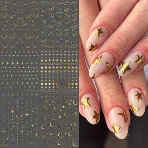 6Pcs Metallic Silver Star Moon Nail Stickers French Lines Pearl Chain Meteor Nails Decal Self-Adhesive Starlight Manicure Slider