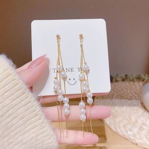 Super Fairy Pearl Ear String Womens S925 Sterling Silver Long Tassel Face Slimming Earrings Minimalist Wedding Bridal Ear Jewelry