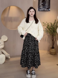 High Waist Floral Patterned Plus Size Womens Midiskirt Spring Season Slimming Casual Work Clothing with Elastic Waist