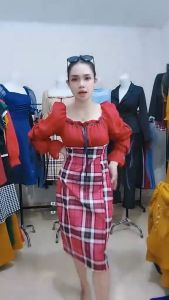 LooWear- Dress Kantoran Wanita Motif Burberry Kotak Kasual Formal Terbaru Model Sabrina Lengan Panjang Lonceng Kombinasi Pita Hitam Bahan Chiffon Dengan Scuba Kualitas Import L2532