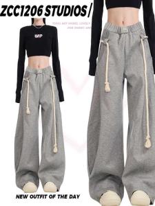 Autumn American Retro Sports Pants Female Gray Wide Leg Matchet Pants Loose Casual Sweatpants Straight Mopping Pants