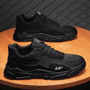 2025 Hot Sale Men Korean Fashion Mesh Breathable Lace Up Sneakers Black Rubber Shoes Comfortable Flat Casual Running Shoes For Men