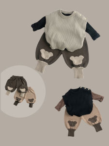 Korean Style Knitted Wool Boot Pants for Children High Waist Long Pants Elastic Waistband Splice Design Boys Girls Trendy Clothes