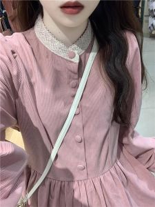 French Style Pink Stand Collar Long Dress Womens Autumn Spring New Fashion Elegant Small Size Corduroy Dress