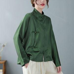 Young Womens Green Tang Suit Style Top Buttoned Chinese Style Reformed Qipao Top Polyester Material Autumn Fashion