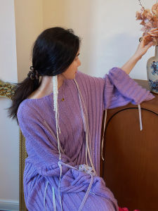 Váy Len Tay Áo Ống Loe Màu Tím Thanh Lịch 2023 Mới Váy Len Dệt Kim Cổ Tròn Váy Midi Thường Ngày Cho Nữ