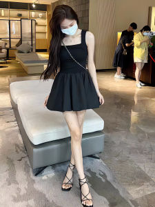 Summer New Korean Style Womens Dress Square Collar Slimming Short Skirt High Waist Gathered Bunches Strapless Pure Color Commute