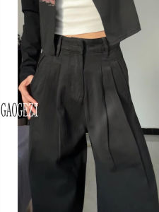 High Waist Wide Leg Black Pleated Denim Jeans Womens Straight Cut Floor-Length Trousers Textured Design Autumn Fashion
