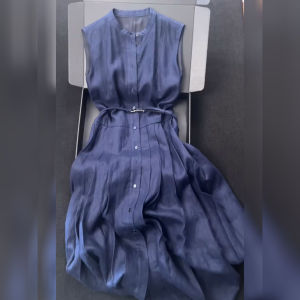 DANTING | Elegant Sleeveless Dress Blue Belted Long Style