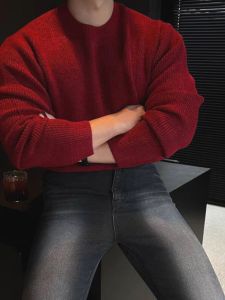 Red Knitted Muscle Tee Slim Fit Base Layer Small Collar Neck Woolen Knitwear European Style Casual Wear for Teen Boys