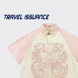 European Style Vintage Printed Loose Shoulder Short Sleeve Shirt BF Leisure Time Travel Issuance Mens Casual Shirt