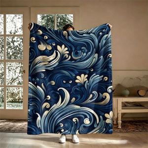 Navy Swirling Leaves Flannel Blanket Soft Warm Christmas Halloween Blanket for Lightweight Cozy Room Home Decor Gifts