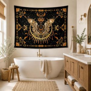 VIKAMA Black Gold Moth Moon Phase Mystical Wall Tapestry Celestial Lunar Star Floral Border Pagan Symbol Yoga Bedroom Living