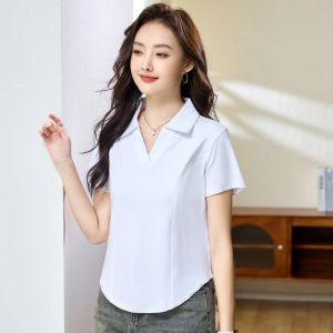Áo Thun Nữ Tay Ngắn Cổ Áo polo Áo Thun Màu Trơn Viền viền cong Áo cotton 95%