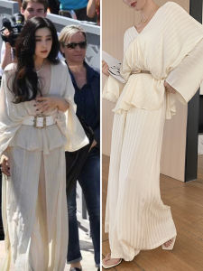 Fan Bingbing Set Elegant V-neck Top with Draped Wide-leg Pants Autumn 2024 Casual Sportswear Ensemble Polyester Fiber