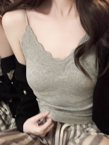 Áo ba lỗ nữ LUOFEN bằng ren cổ chữ V có đệm ngực màu xám - mùa hè thu