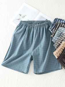 Japanese Style Simple Gingham Pajama Pants Men and Women Shorts Summer Pure Cotton Washed Cotton Thin Beach Half Length Home Pants