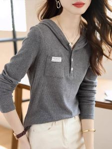 Fashionable All-Match Casual Hooded Sweatshirt Womens 2024 Fall Slim Fit Slimming Thin Knitting Bottoming Shirt Long Sleeves Tops