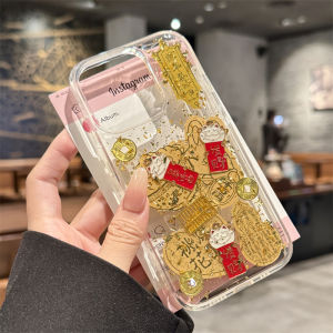 New Year Gold Foil Cat Attracting Wealth iPhone 16 pro Max Case Full Protection Cute Creative Personality Silicone Anti-Fall Transparent