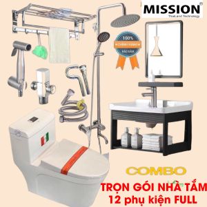 Bộ bồn cầu lavabo sen tắm phụ kiện trọn gói 12 SP combo lắp full nhà tắm Mission. Combo nhà tắm dùng nóng lạnh đầy đủ phụ kiện nhỏ lắp phòng tắm tiện lợi dễ dàng nhanh chóng. Trọn bộ nhà tắm gồm 12 sản phẩm  chi tiết chất liệu men sứ trắng inox 304