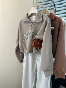 Small Short Waist Hem Sweatshirt Womens Autumn Thin K-style Loose Slim Looking Half Zipper Polo Collar Tops
