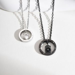 Kemstone Crown Etched Steel Zircon Circle Pendant Black & Steel Grey Couple Necklace for Men Women