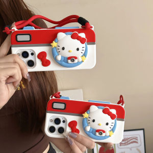 Sanrio | Cute Camera Hello Kitty Head Grip Tok Holder Case For iPhone 17 16 15 14 13 12 Pro Max Plus Cartoon Silicone Cover with Lanyard