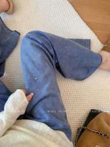 Blue Heavyweight Knitted Straight Leg Casual Pants Womens Fashionable Loose Fit Autumn 2025 High Waist Elastic Waistband