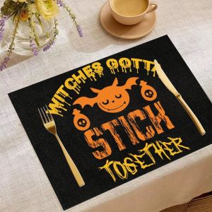 VIKAMA 2/4/6PCS Halloween Meal Mat Skeleton Pumpkin Bat Spider Web Printed Linen Table Mat Holiday Party Decoration
