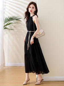 Elegant Silk Summer Dress Womens Sleeveless High Waist A-Line Gown Hangzhou Brand Luxury Fashion Commute Style Zipper Closure