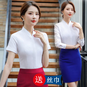 Womens Long Sleeve White Shirt for Aviation Pilot Interview New Style V-Neck Short Sleeve Professional Workwear