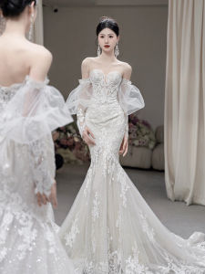 French Style Bridal Gown Lace Fish Tail Wedding Dress Guest Dress Engagement Party Womens Fashion Korean Style Embroidery