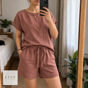 LINEN TEXTURED TWO PIECE SET FOR WOMEN CASUAL TOP AND DRAWSTRING SHORTS LOUNGEWEAR OUTFIT