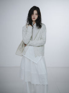 Miss Kimchi High-End Feel Mixed Color Small High Collar Open Cardigan Loose Double Zipper Grey Knitted Outerwear Women