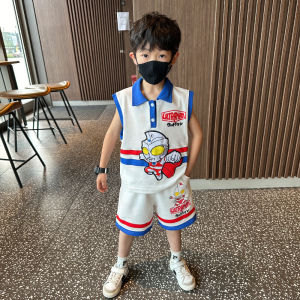 ชุดกีฬาฤดูร้อนสำหรับเด็กชาย ชุดแขนสั้นลายการ์ตูน ผ้าฝ้ายผสม 2 ชิ้น คอกลม แขนสั้น ทรงหลวม สำหรับเด็กชาย