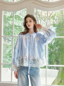 Designer Blue Large Embroidery Style Top Shirt Heavy Work Lace FLO NAKED Womens Casual Fashion Autumn Collection