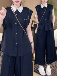 Shalldoer | Fashionable Two-Piece Set Womens Sleeveless Polo Shirt And Straight Leg Pants Patchwork Design Summer Collection By Xiangduor