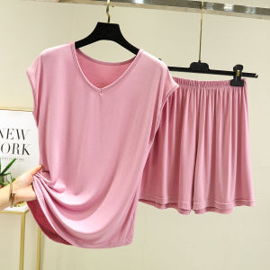 Summer Thin Modal Sleepwear Set Womens V-Neck Sleeveless Casual Home Clothes plus Size Pure Color T-Shirt Shorts Home Comfort